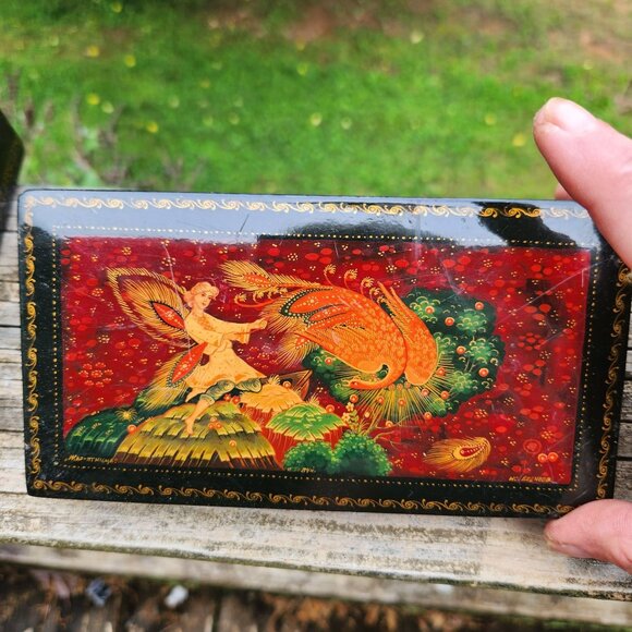 Russian Lacquer Box Palekh Fedoskino Fairy Tale Phoenix Design Signed Collectibl - Picture 1 of 11